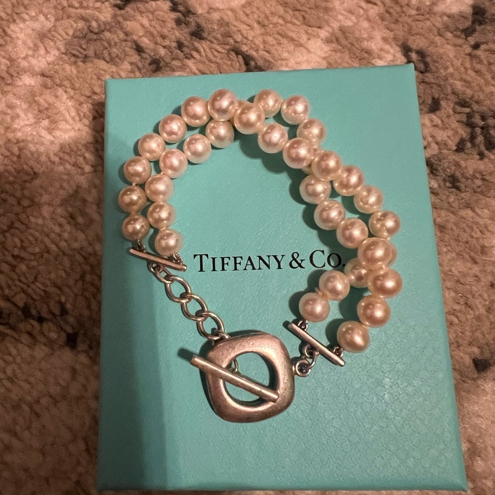 Tiffany & Co Silver Double Pearl Row Cushion Toggle Bracelet 7.25